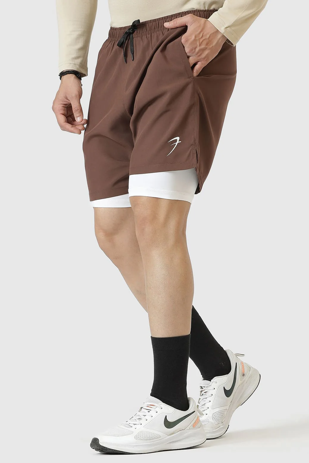 2 in 1 Compression Shorts Brown - Image 2