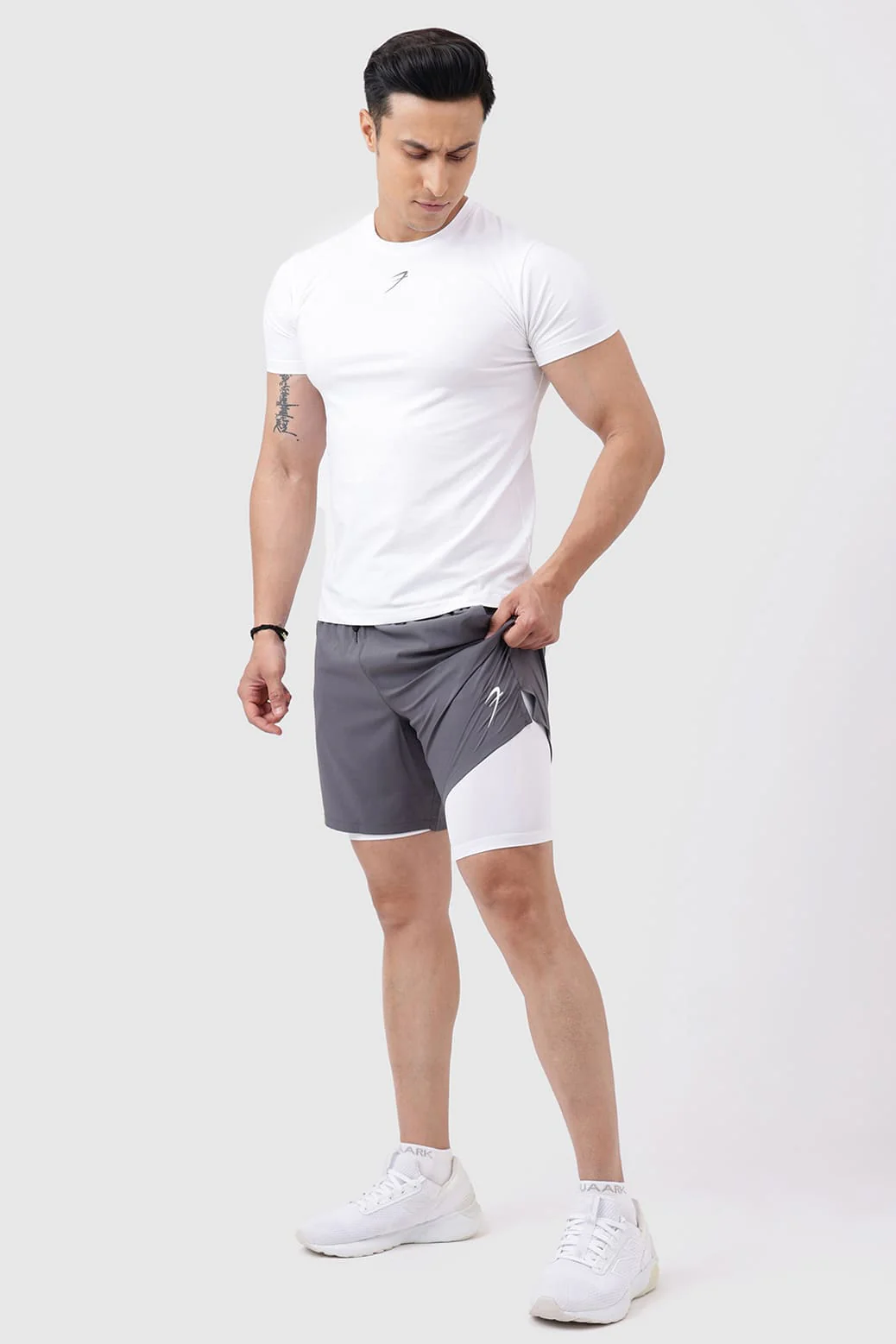 2 in 1 Compression Shorts Grey with White - Image 2