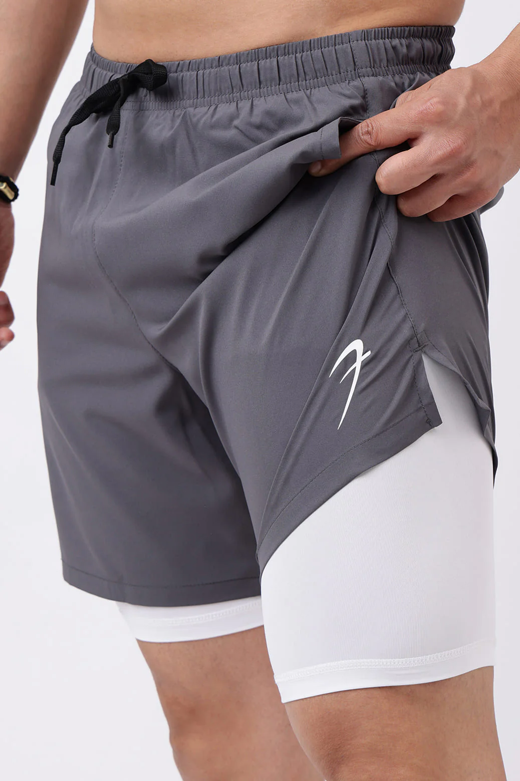 2 in 1 Compression Shorts Grey with White - Image 3