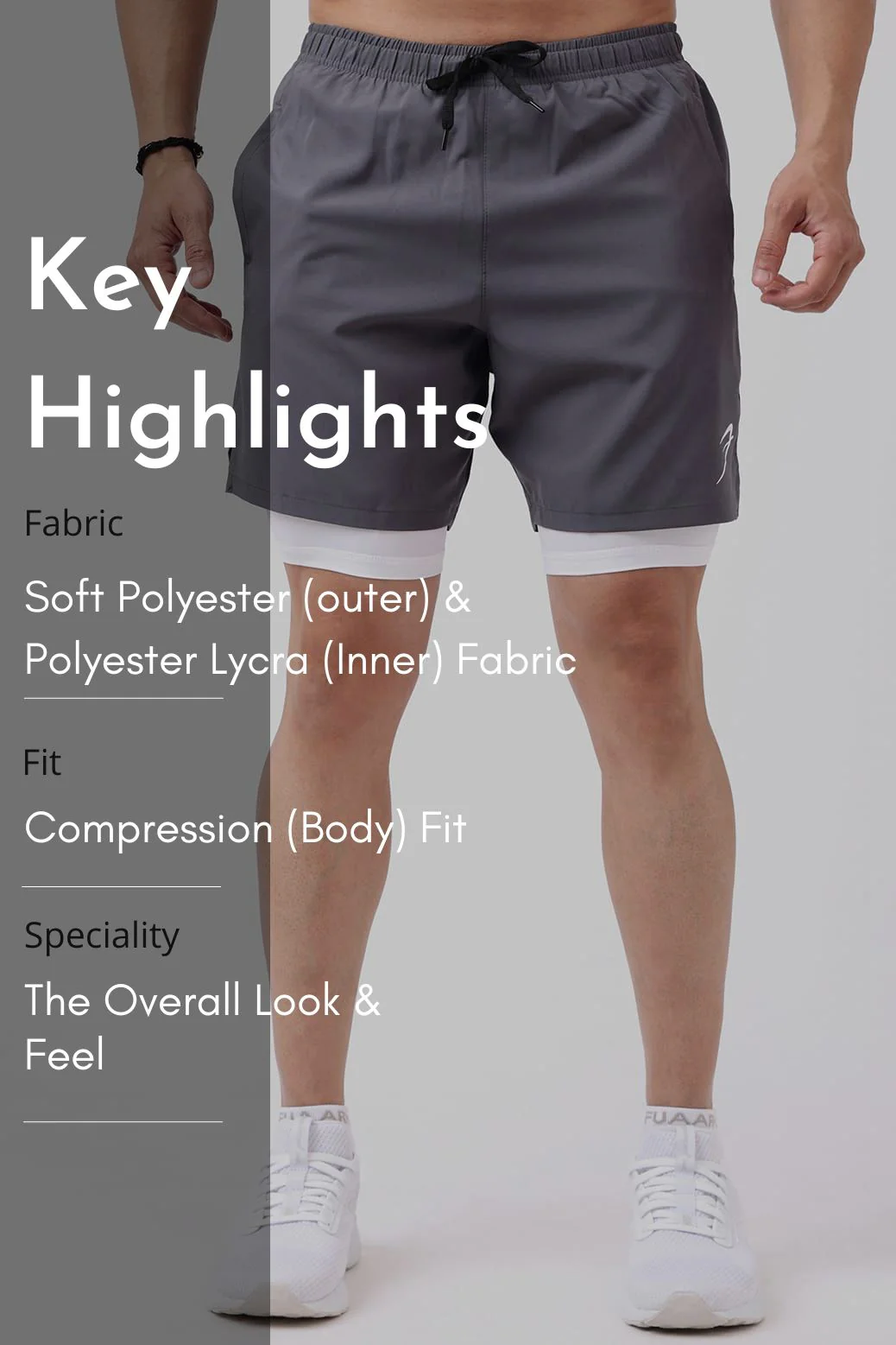 2 in 1 Compression Shorts Grey with White - Image 6