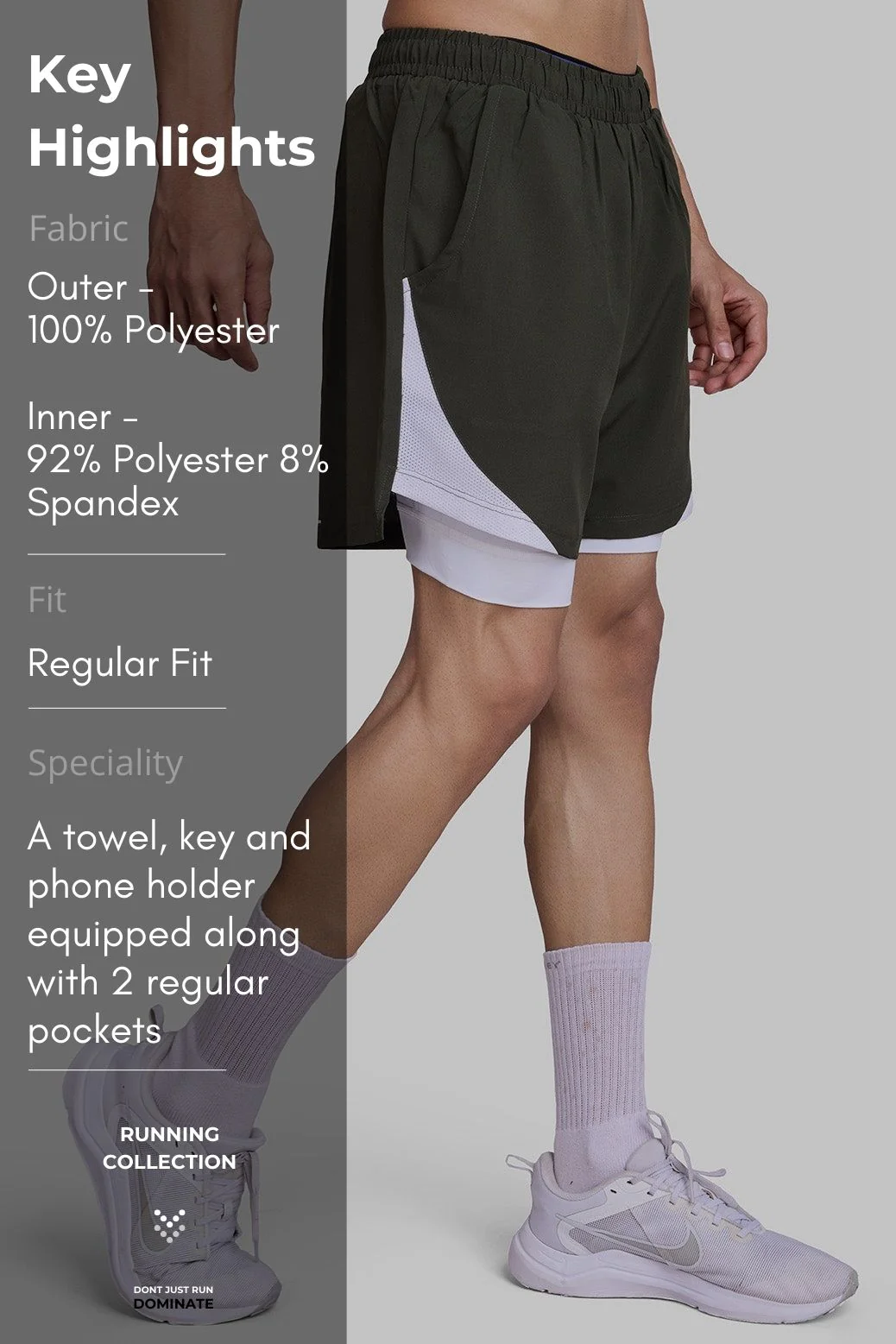 2 in 1 Mesh Shorts Olive - Image 6