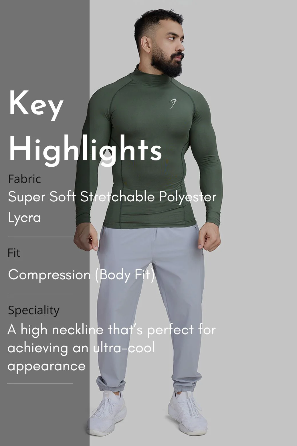 High Neck Compression Full Sleeves T-shirt Olive - Image 9