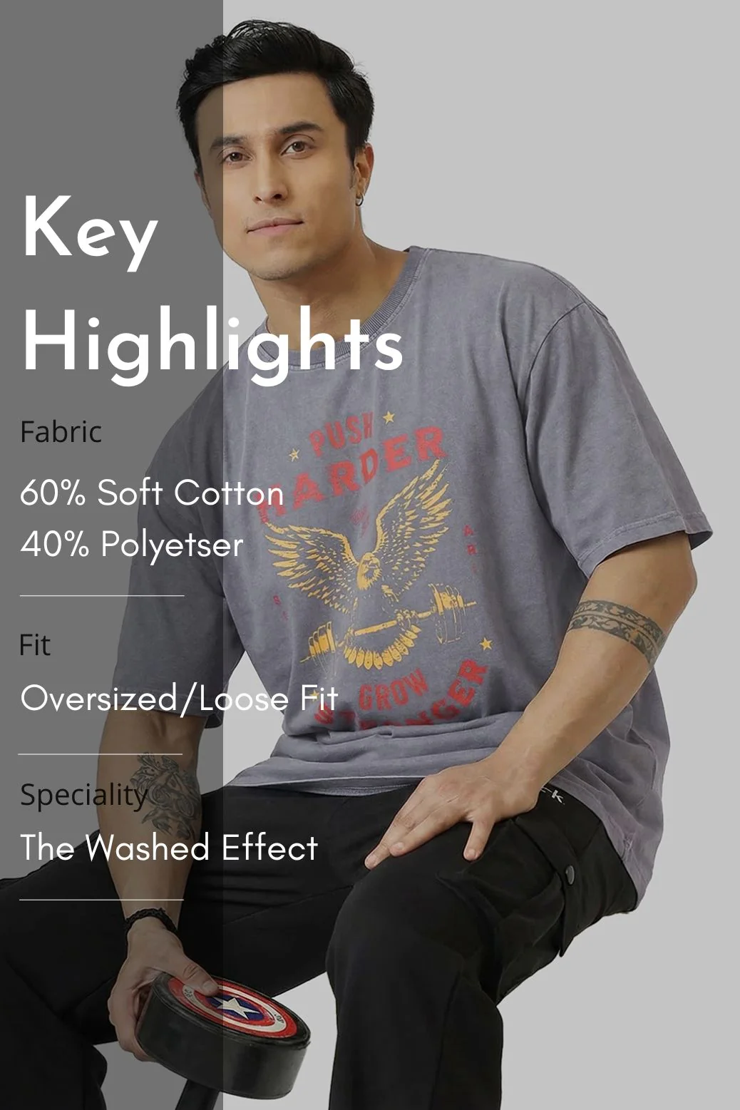 Push Harder Washed Oversized T-shirt Light Grey - Image 6