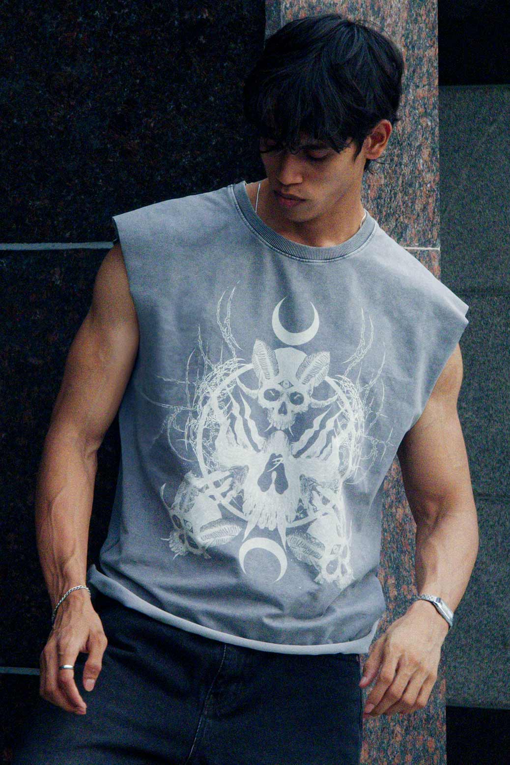 Restricted Washed Capsleeve Tank Light Grey